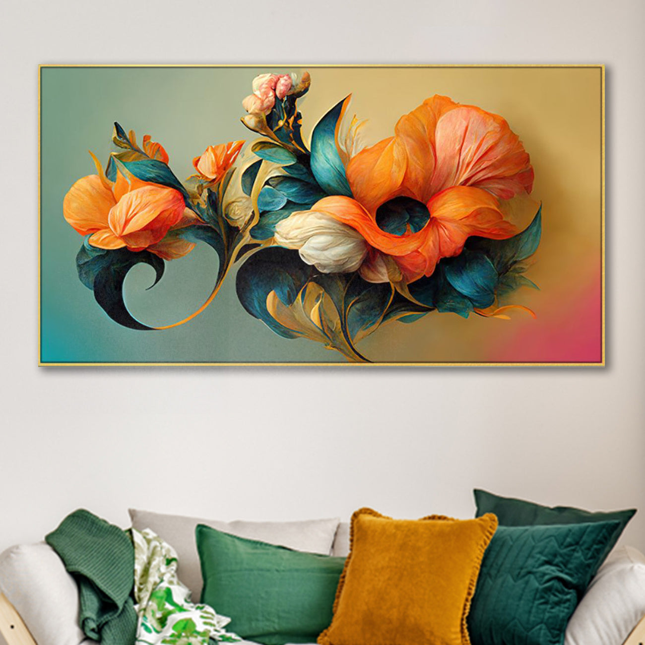 Vibrant Floral Bouquet in Gold Wall Painting