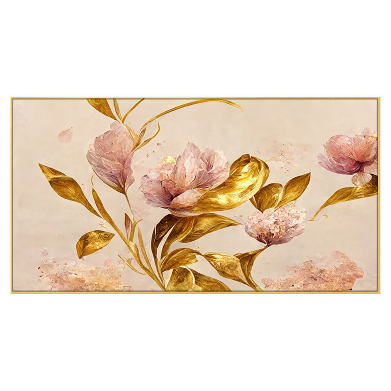 Pink Flowers and Gold Leaves Wall Painting