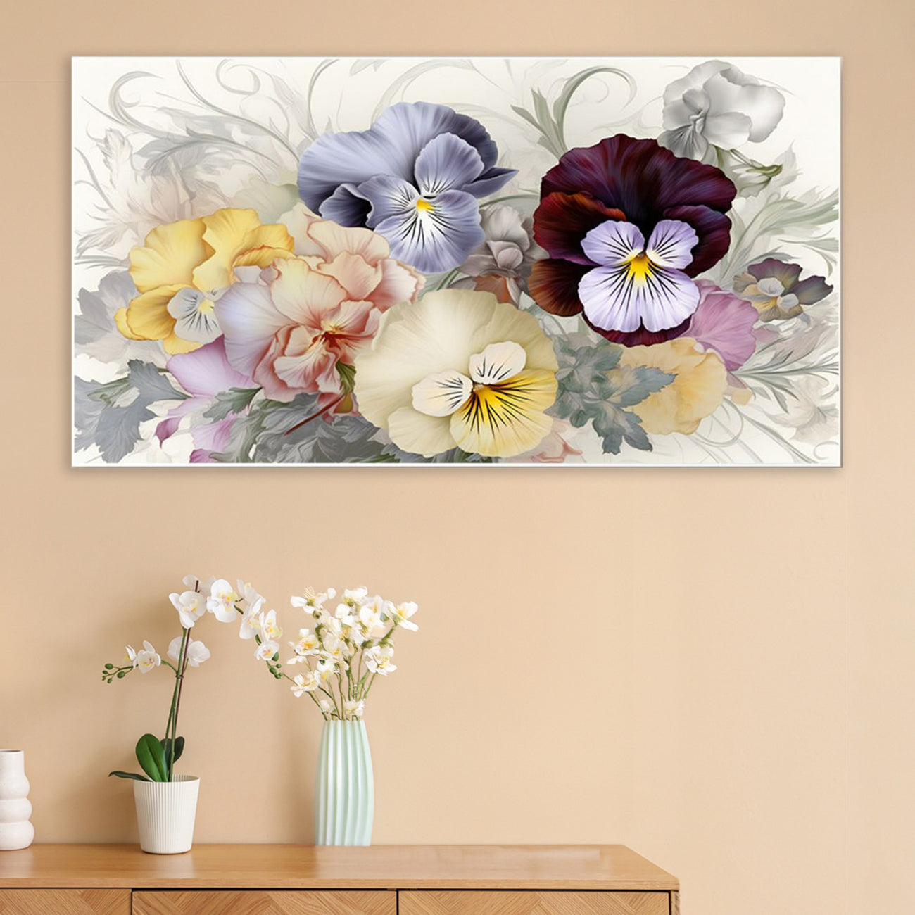 Vibrant Pansies on White Canvas Wall Painting