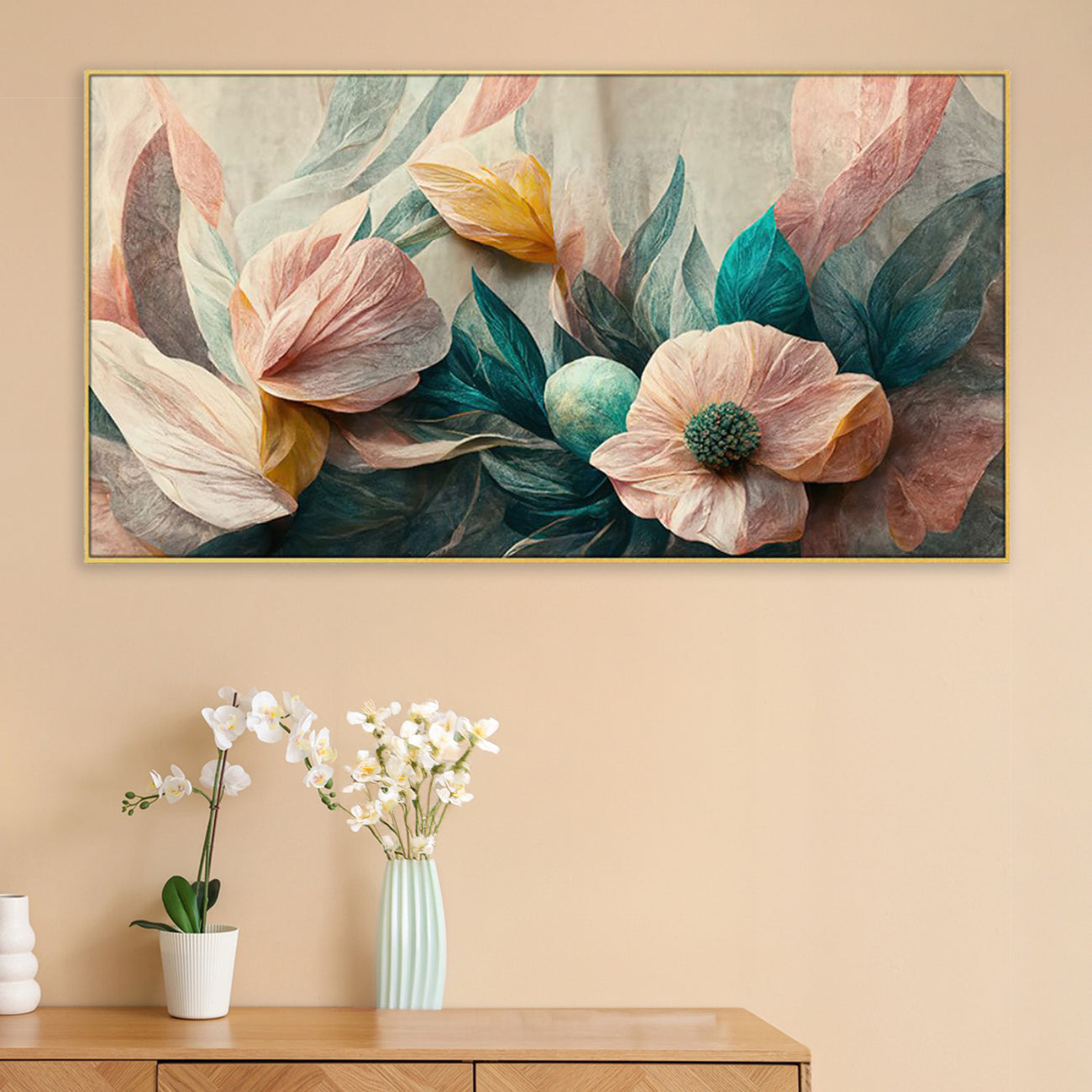 Vibrant Flowers and Lush Leaves Wall Painting