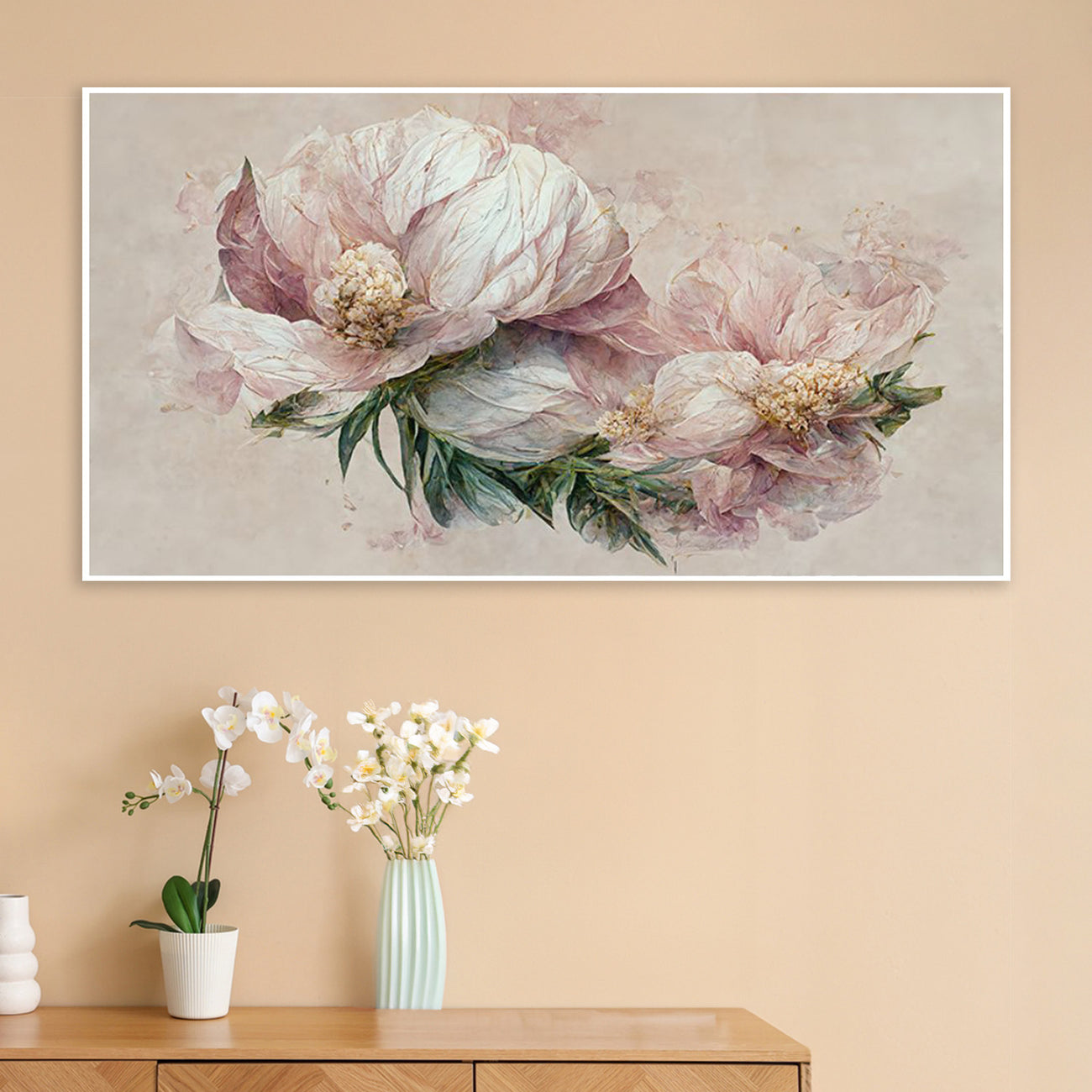 Graceful Pink Peonies on Beige Wall Painting