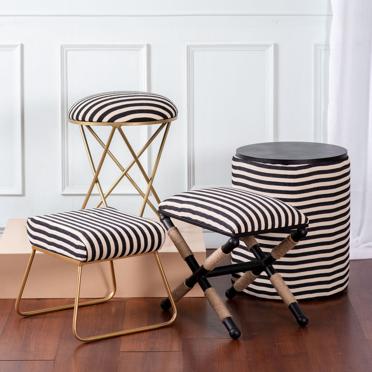 Zebra Fabric Jute Metallic Stool in Black & White Color