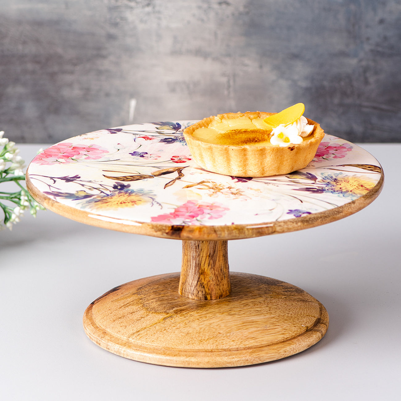 pink printed wooden cake stand