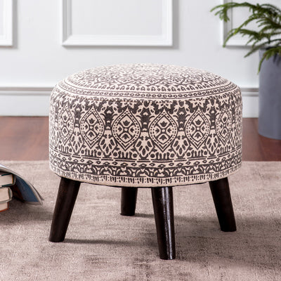 Mandala Fabric Wooden Ottoman in Grey Color