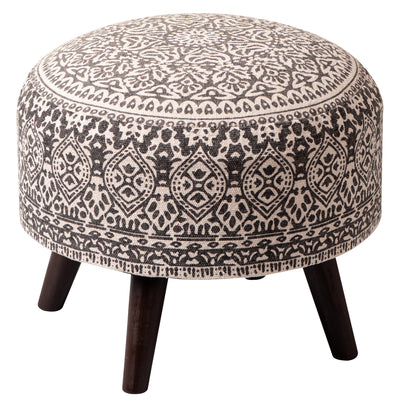 Mandala Fabric Wooden Ottoman in Grey Color