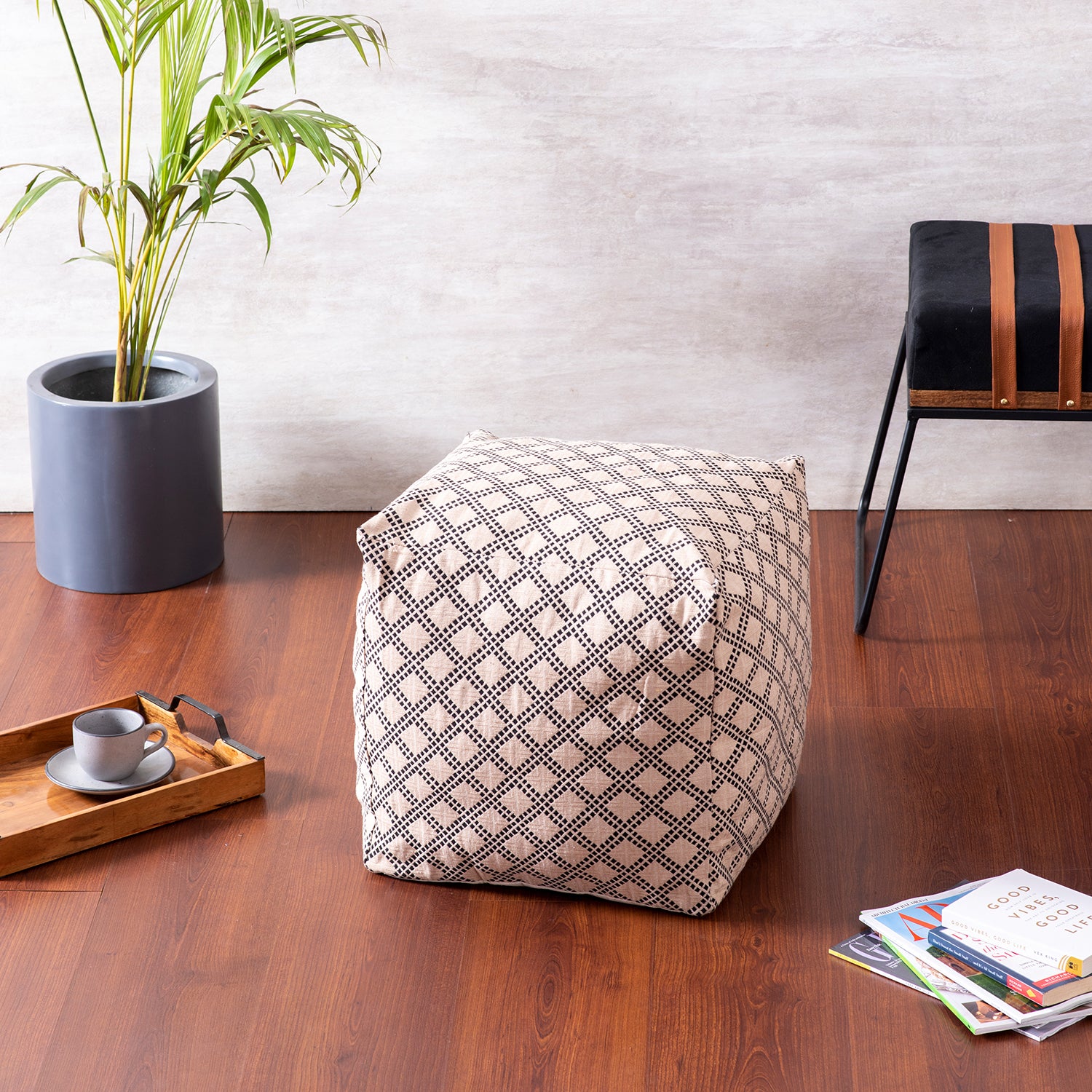 Quad Jacquard Pouf in Cream Color