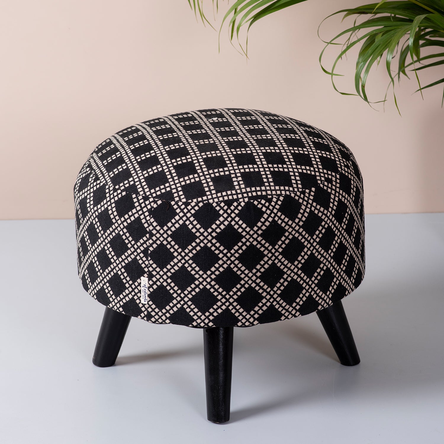 Quad Jacquard Wooden Ottoman in Black Color