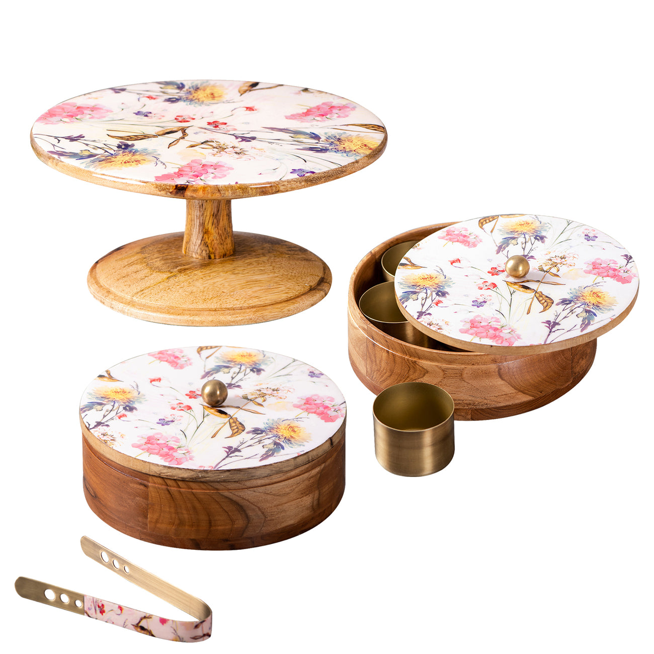 Flower Enamel Print Masala, Roti Box & Cake stand Set