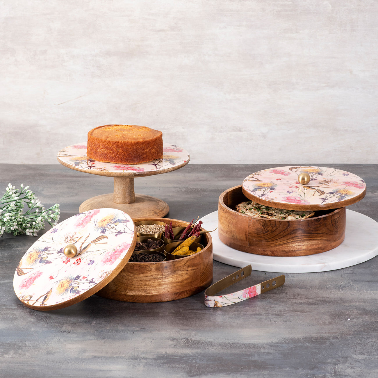 Flower Enamel Print Masala, Roti Box & Cake stand Set