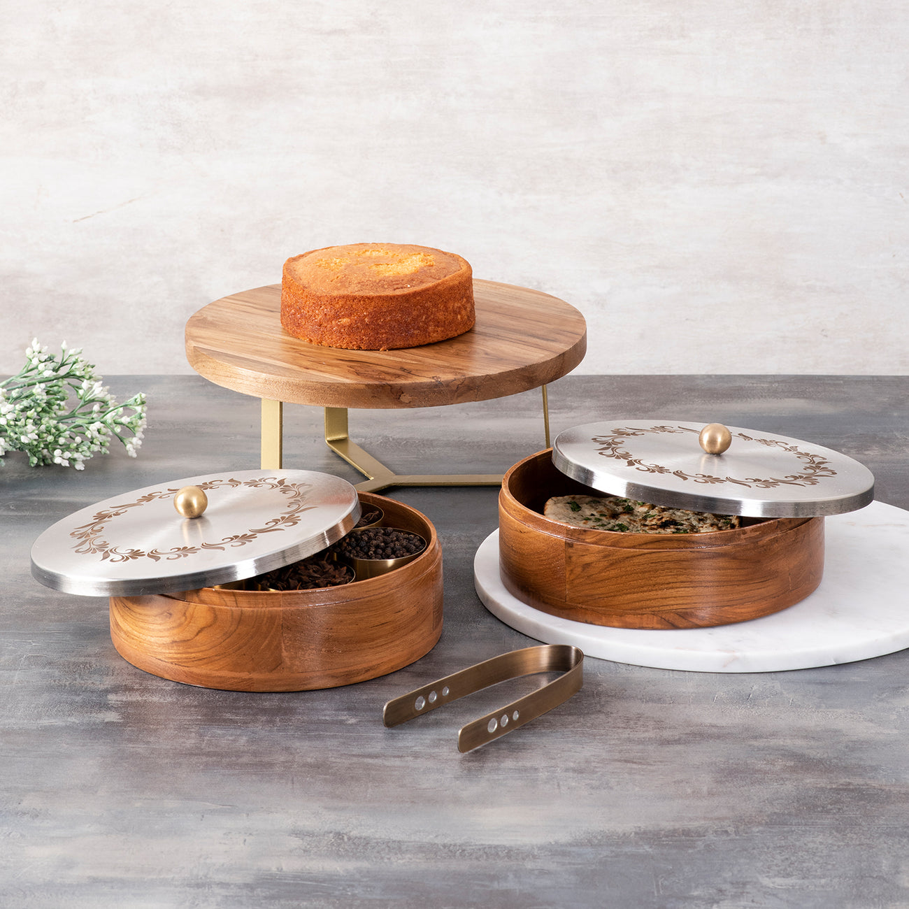 Teakwood cake stand, Chapatti Box & Masala Box Set