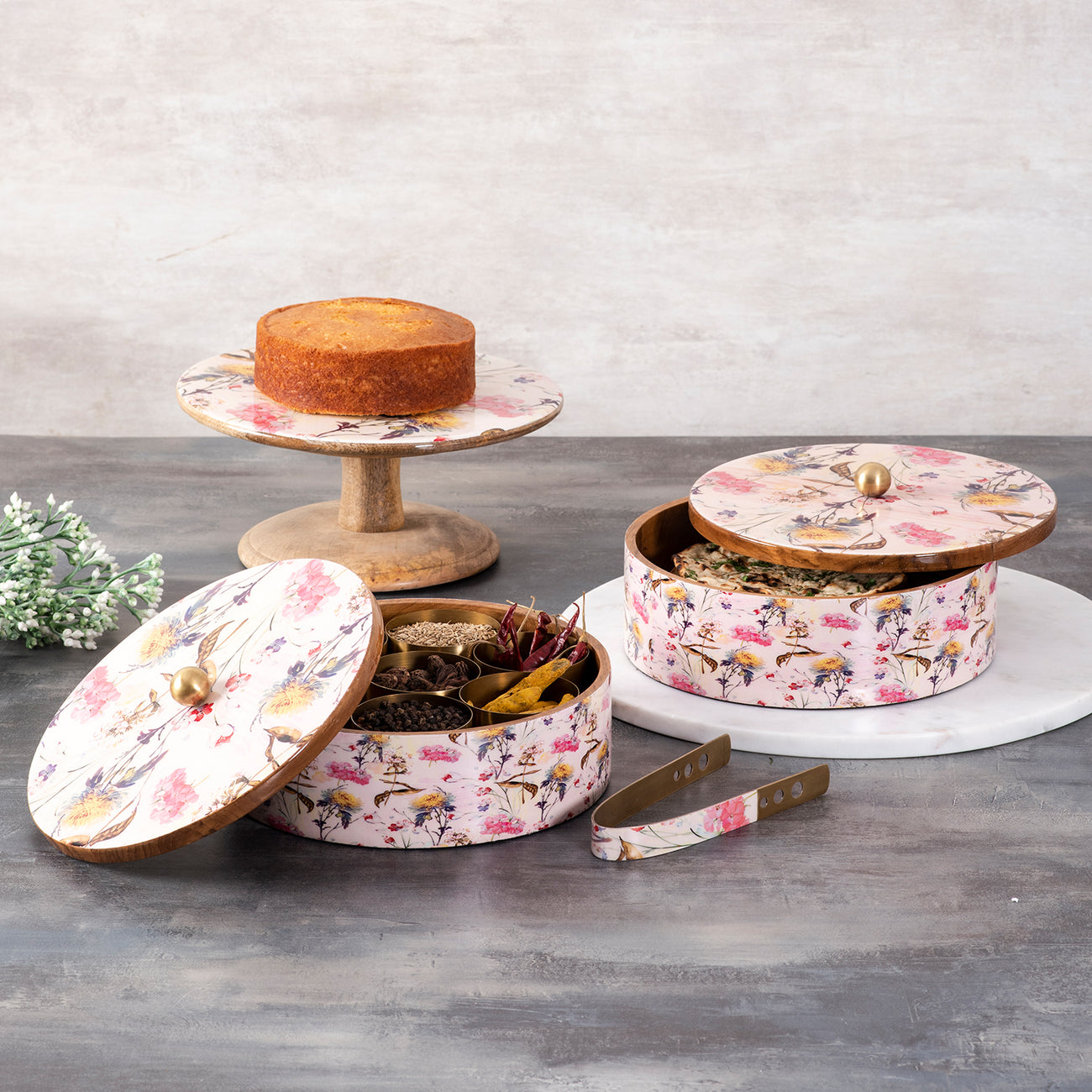 Flower Enamel Print Masala, Roti Box & Cake stand Set