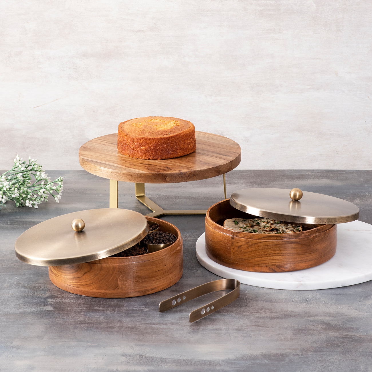 Teak wood cake stand, Chapatti Box & Masala Box Set