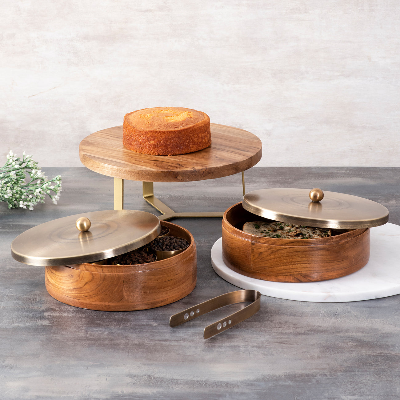 Teakwood cake stand, Chapatti Box & Masala Box Set