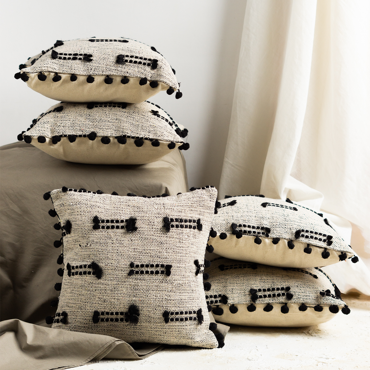 Black Knotts Woven Cushion Covers 12 X 12 Inches Set of 5