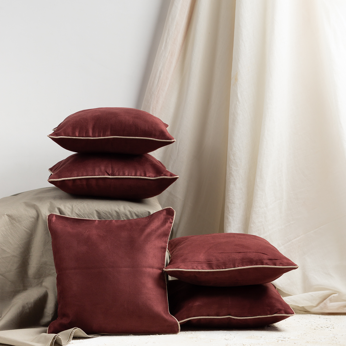 Burgundy Suede Plain Cushion Covers 12 X 12 Inches Set of 5